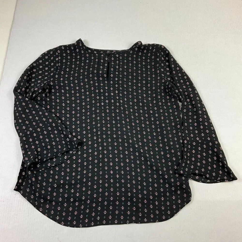 LOFT Blouse Black Printed Bell Long Sleeve Shirt Button Keyhole Top PM Petites